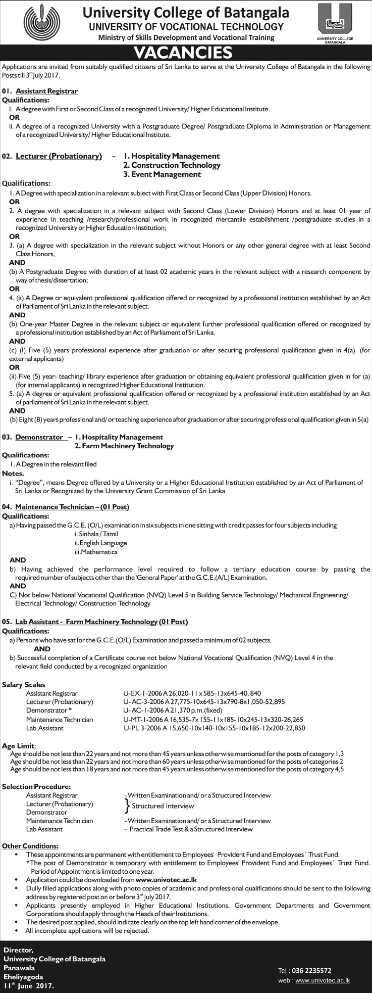 Assistant Registrar, Lecturer, Demonstrator, Maintenance Technician, Lab Assistant - University of Vocational Technology